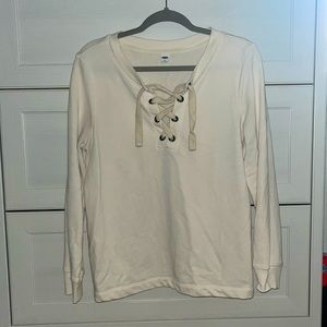 Cream crewneck sweater w/ drawstring tie in front